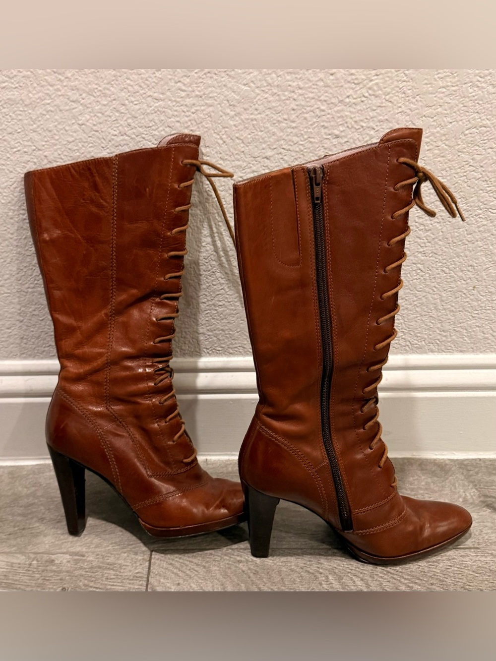 Nine West Cognac Lace-Up High-Heel Leather Boots